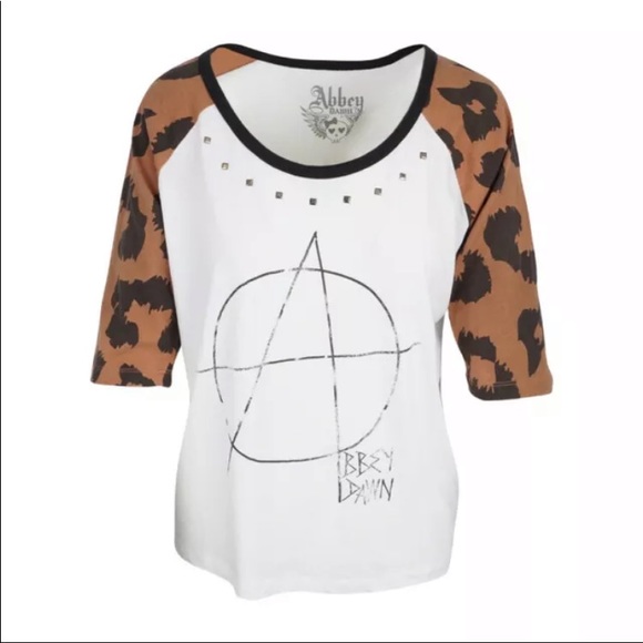 Abbey Dawn Avril Atomic “A” Graphic Raglan Love Leopard Print Shirt White Tee XS - Picture 1 of 5